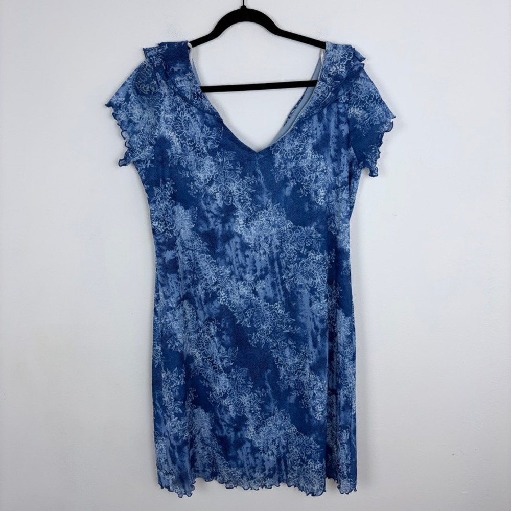 Fashion Bug 90s Blue Fairycore Mini Dress Floral Fluttery Layers Y2K Size 14/16